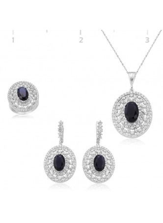 Gümüş Lacivert Taşlı Oval Set
