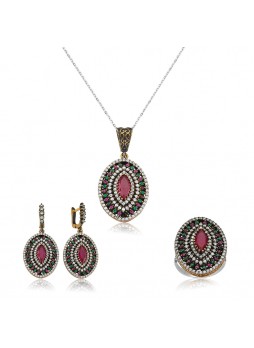 Gümüş Pembe Taşlı Otantik Oval Set