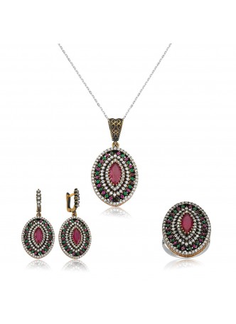 Gümüş Pembe Taşlı Otantik Oval Set