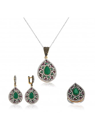 Gümüş Yeşil Taşlı Otantik Damla Set