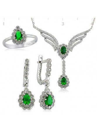 Yeşil Taşlı Kanat Gümüş Set