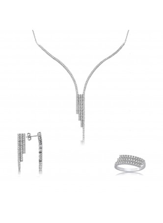 Gümüş Zirkon Taşlı Dört Sıra Su Yolu Set