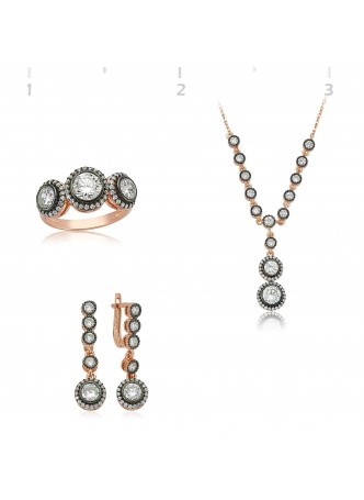 Rose Kaplama Üç Taş Gümüş Set