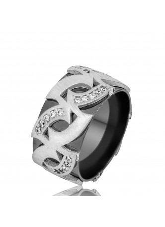 Gümüş Fantazi Siyah Desenli Bayan Alyans