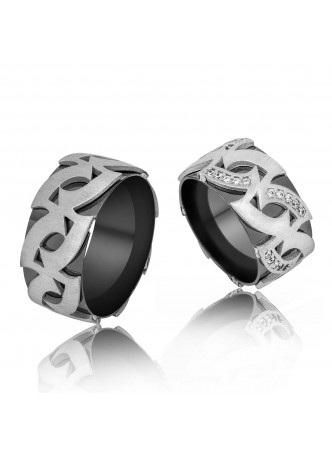 Gümüş Fantazi Siyah Desenli Çift Alyans