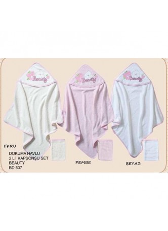 Babydo Bebek Beauty Dokuma Kapşonlu Havlu 2 Li Set Pembe