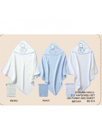 Babydo Bebek Funny And Sweet Dokuma Kapşonlu Havlu 2 Li Set Mavi