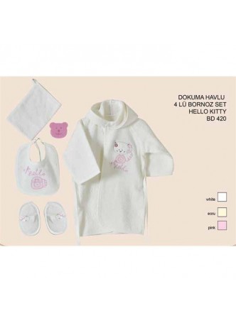 Babydo Bebek Hello Cat Dokuma Bornoz 4 lü Set Ekru