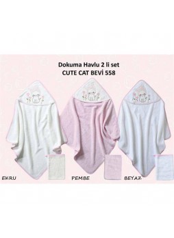 Bebekevi Bebek Boneli Kedicik Dokuma Kapşonlu Havlu 2 li Set Pembe