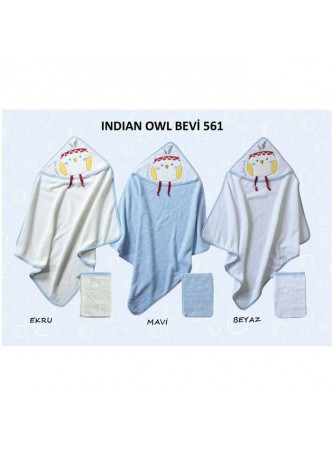 Bebekevi Bebek Indian Owl Dokuma  Kapşonlu Havlu 2 li Set Mavi