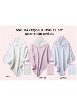 Bebekevi Bebek Kız Zürafa Dokuma  Kapşonlu Havlu 2 li Set Beyaz