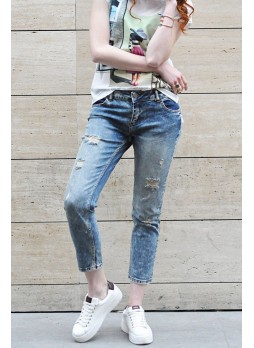 Ancle Yırtıklı Koyu Jean Pantolon