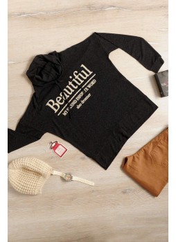 Bağcıklı Yaka Füme Sweat Beautiful Basklı