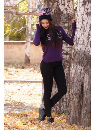 Bağcıklı Yaka Mor Sweat Beautiful Baskılı