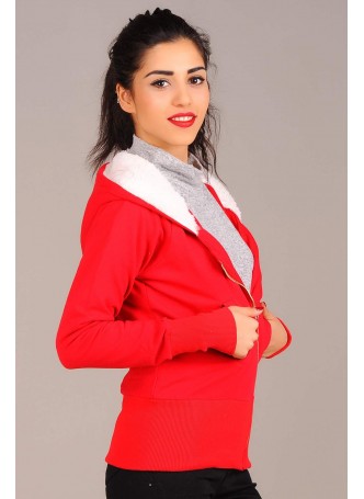 Beyaz Kürklü Yan Fermuarlı Kırmızı Ceket