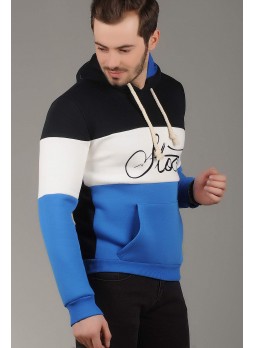 Beyaz Şeritli Kapşonlu Mavi Siyah Sweat