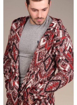 Etnik Desenli Kapşonlu Bordo Hırka