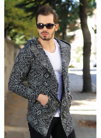 Etnik Desenli Kapşonlu Hırka Füme