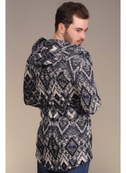Etnik Desenli Kapşonlu Lacivert Hırka
