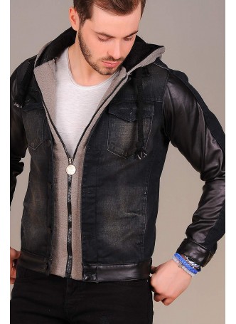 Gri Kapşonlu Kot Ceket