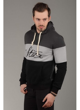 Gri Şeritli Kapşonlu Füme Sweat