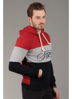 Gri Şeritli Kapşonlu Sweat Bordo