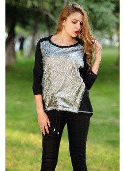 Gümüş Alttan Bağlamalı Sweat Siyah