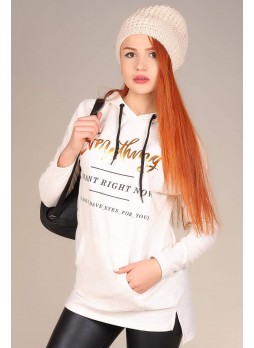 Kapşonlu Baskılı Krem Sweat