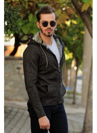 Kapşonlu Fermuarlı Armalı Polar Ceket Siyah