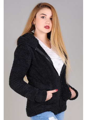 Kapşonlu Fermuarlı Siyah Peluş Ceket