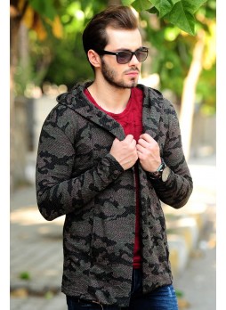 Kapşonlu Kamuflaj Hırka Füme Siyah