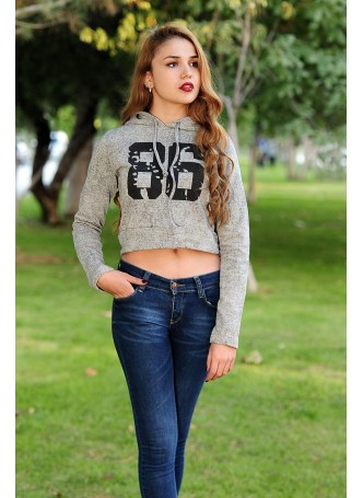 Kapşonlu Kısa 86 Baskılı Sweat Gri