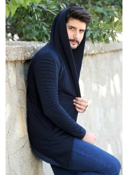 Kapşonlu Kol Detaylı Uzun Hırka Lacivert