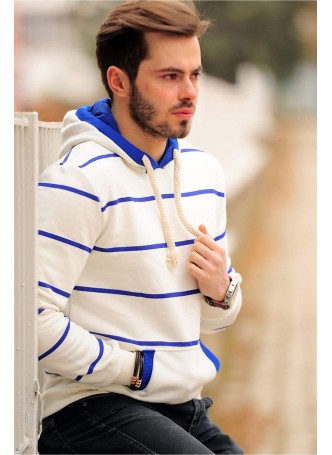 ERKEK KAPŞONLU ÇİZGİLİ SWEAT beyaz