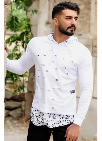 erkek sweat kapşonlu parçalı desenli beyaz
