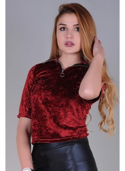 Fermuarlı Yaka Kadife Bluz Kırmızı