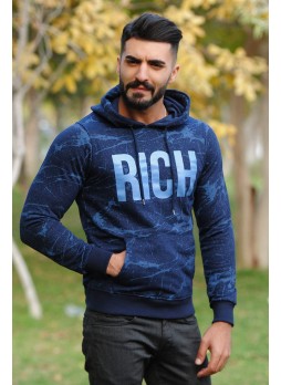 Kapşonlu Sweat Rich Baskılı Lacivert