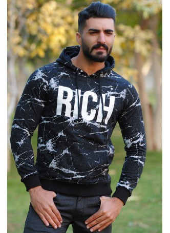 Kapşonlu Sweat Rıch Baskılı Siyah