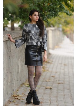 Kare Degrade Desenli Bağcıklı Kol Bluz