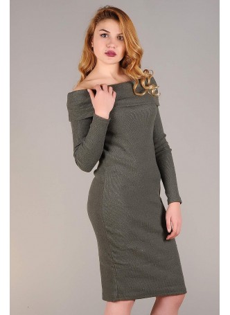 Kayık Yaka Haki Elbise