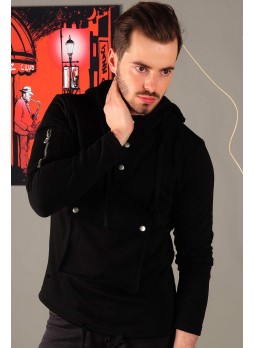 Kesecep Kapşonlu Siyah Sweat