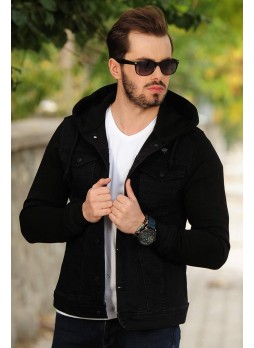 Kollar Polar Kapşonlu Kot Ceket Siyah
