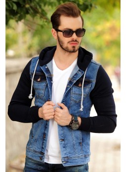 Kollar Polar Lacivert Kapşonlu Kot Ceket Açık Mavi