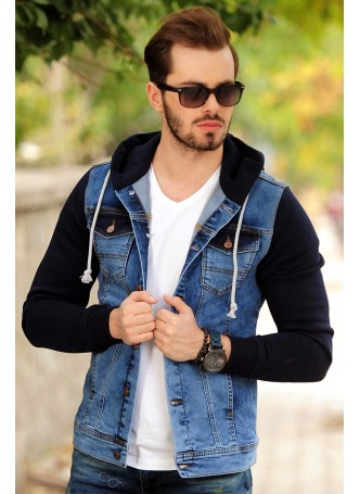 Kollar Polar Lacivert Kapşonlu Kot Ceket Açık Mavi