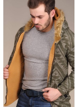 Kürklü Fermuarlı Yeşil Ceket