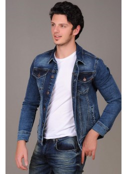 Lacivert Yıkamalı Çift Cepli Kot Ceket