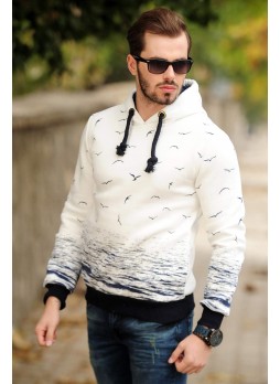 Martılı Sweat Kapşonlu Beyaz