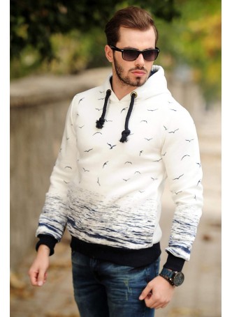 Martılı Sweat Kapşonlu Beyaz