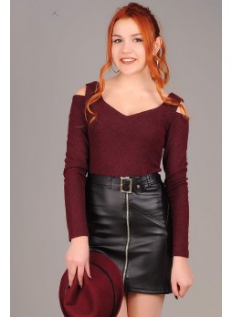 Omuz Açık Bordo Kazayağı Bluz