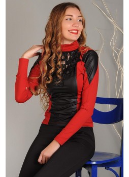 Ön Deri detay Kırmızı Bluz